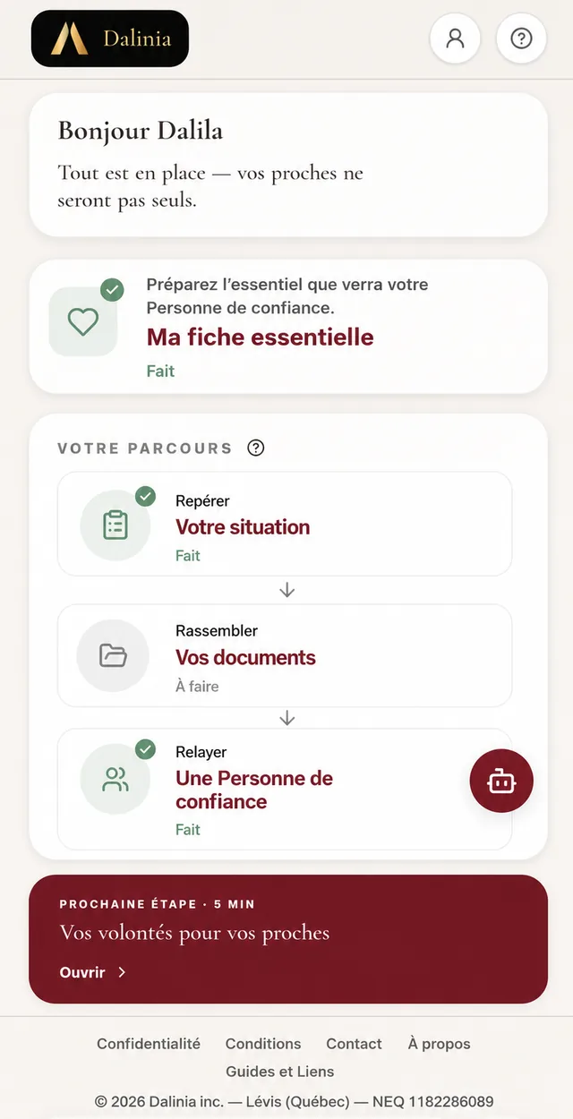Application Dalinia sur cellulaire : Votre parcours — Repérer, Rassembler, Relayer — et la prochaine étape à faire.