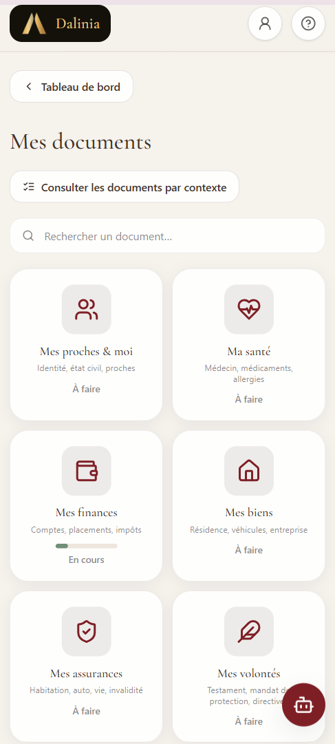 L’Application Dalinia : écran Mes documents, six catégories